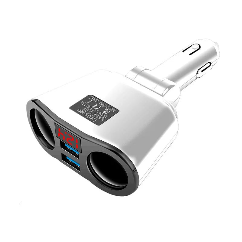 Car Bluetooth receiver and FM transmitter with USB ports plugged into vehicle cigarette lighter socket