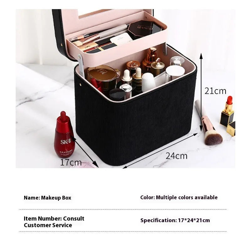 Corduroy cosmetic storage box in a solid colour with large capacity for home organisation