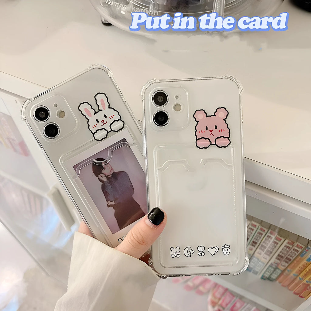 Transparent cartoon iPhone case with a built-in card holder slot.