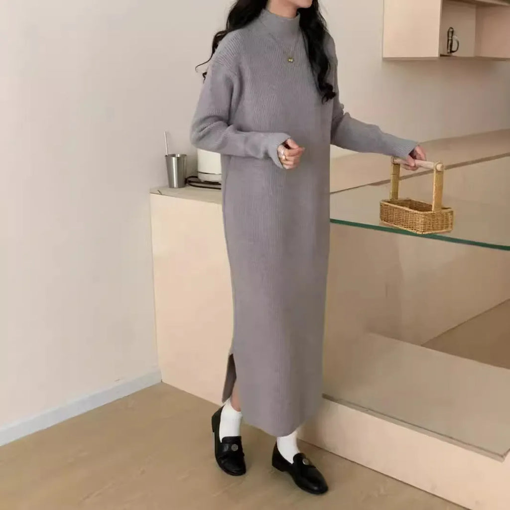 Women's knitted dress with half turtleneck collar in knee-length design for office wear