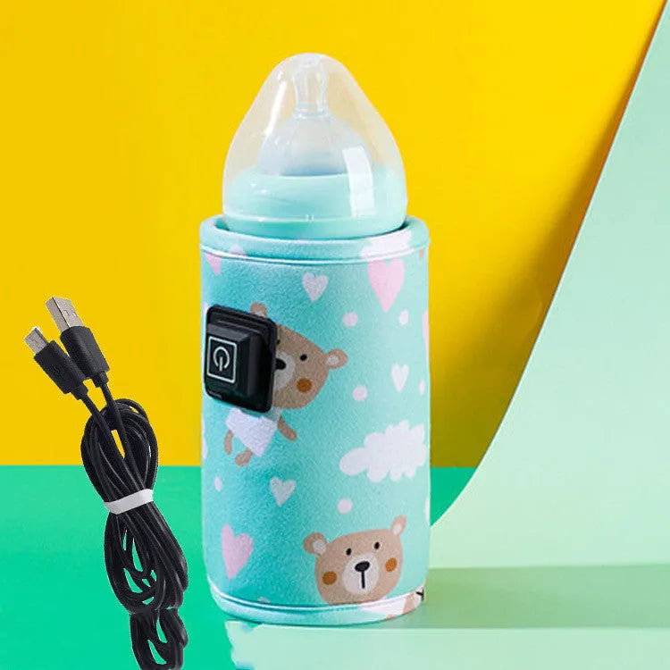 USB baby bottle warmer insulation cover in blue dinosaur cartoon print, showing portable cooler bag design.