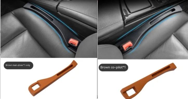 Black car seat gap storage box organiser between vehicle front seats with customisable handles