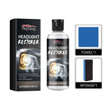 Headlight restorer kit showing bottle of polishing fluid, square cloth and rectangular sponge.