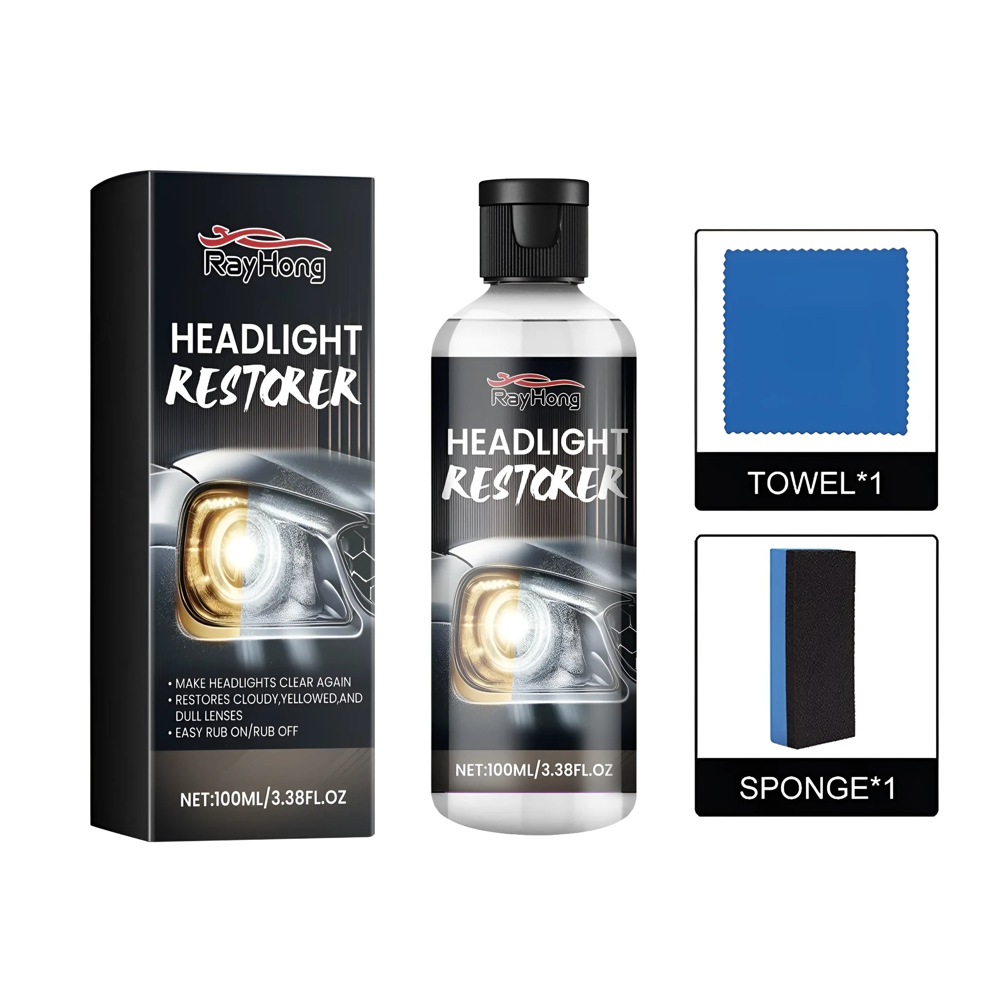 Headlight restorer kit showing bottle of polishing fluid, square cloth and rectangular sponge.