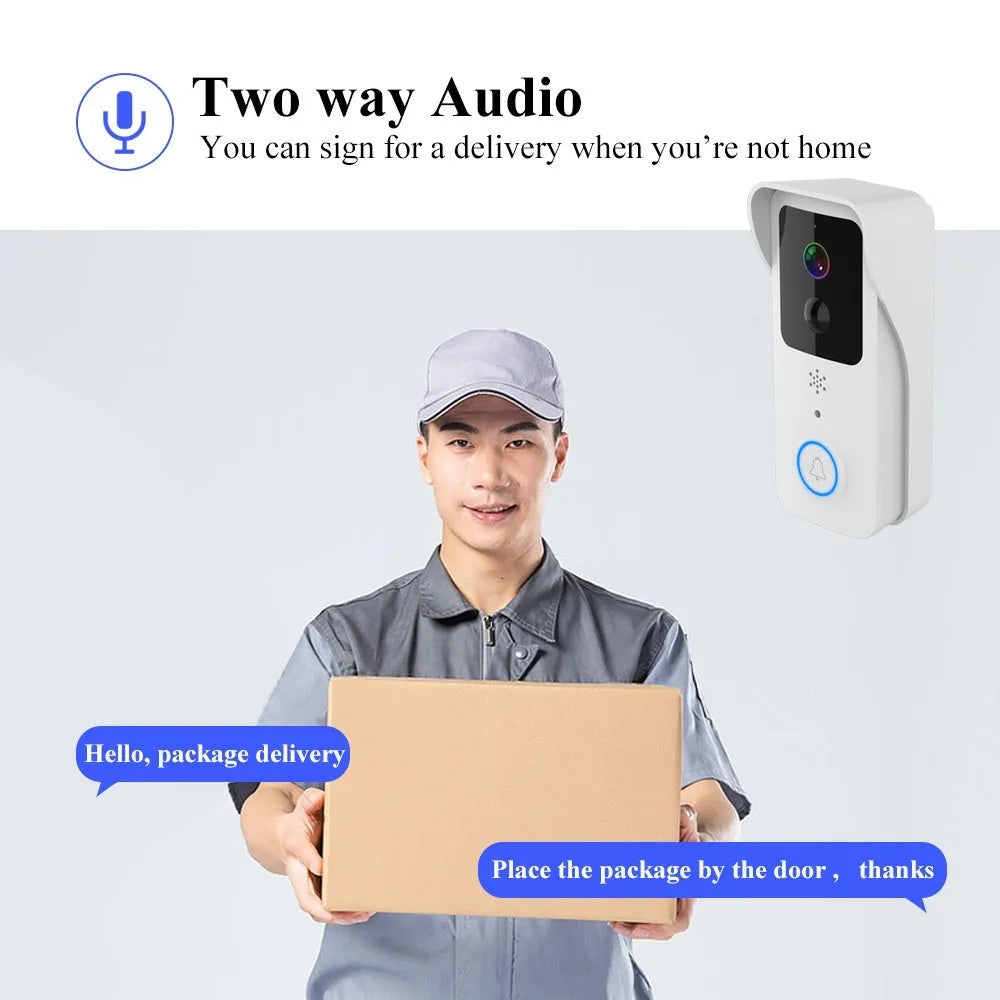 Black or white smart waterproof HD visual doorbell with camera and intercom for outdoor security.