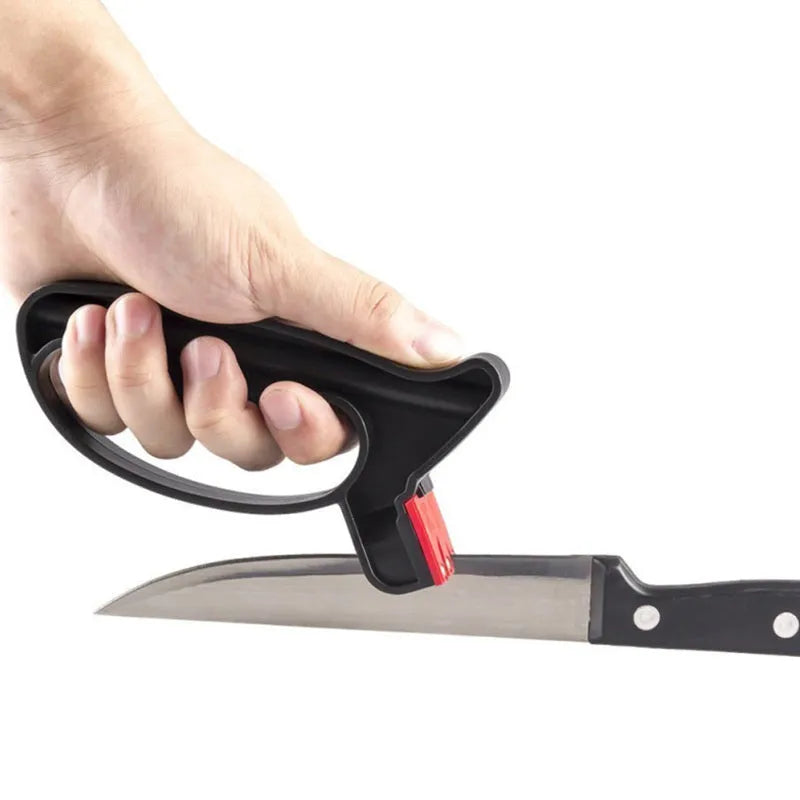 Black handheld knife and scissor sharpener with a tungsten steel blade