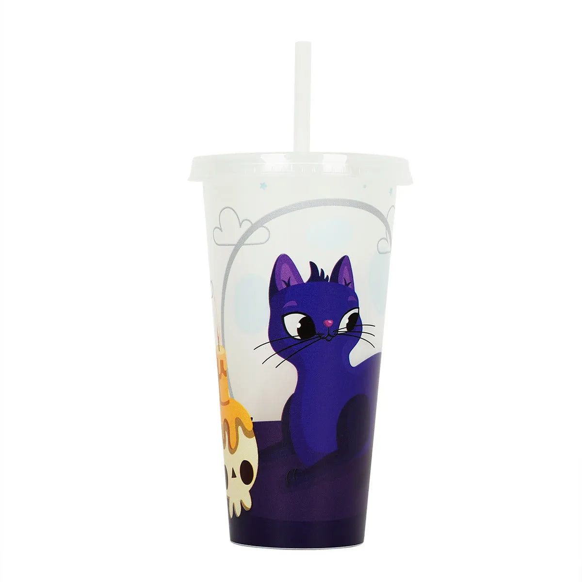 Halloween luminous plastic straw cup with 720ml capacity on a table.