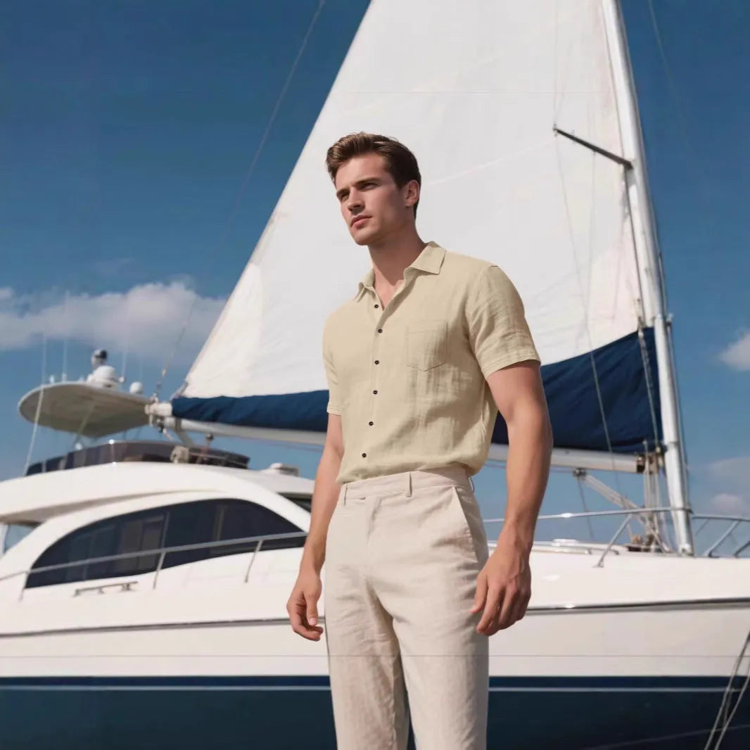Men's loose fit linen short-sleeved shirt in army green colour, cardigan style