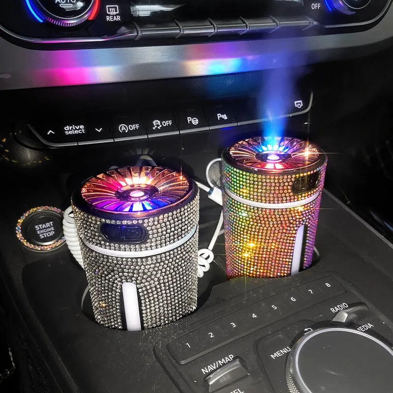 Diamond rhinestone car humidifier with LED lights and mist output, measuring 15x7x7cm