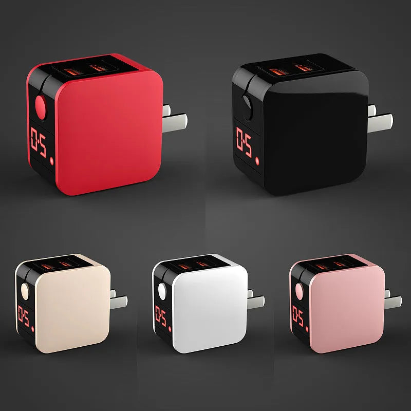 5V 2.4A dual USB travel charger with digital display in black, white, or red.