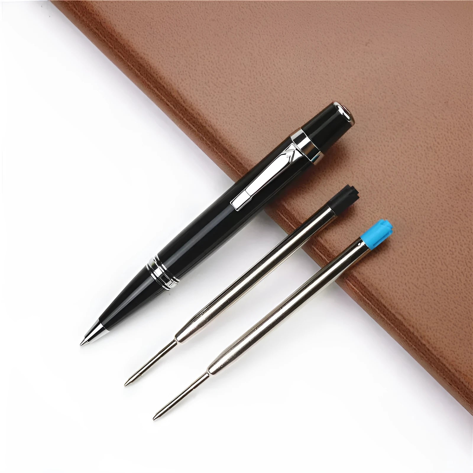 Black full metal Baozhu pocket pen with a 0.7mm refill and two spare refills.