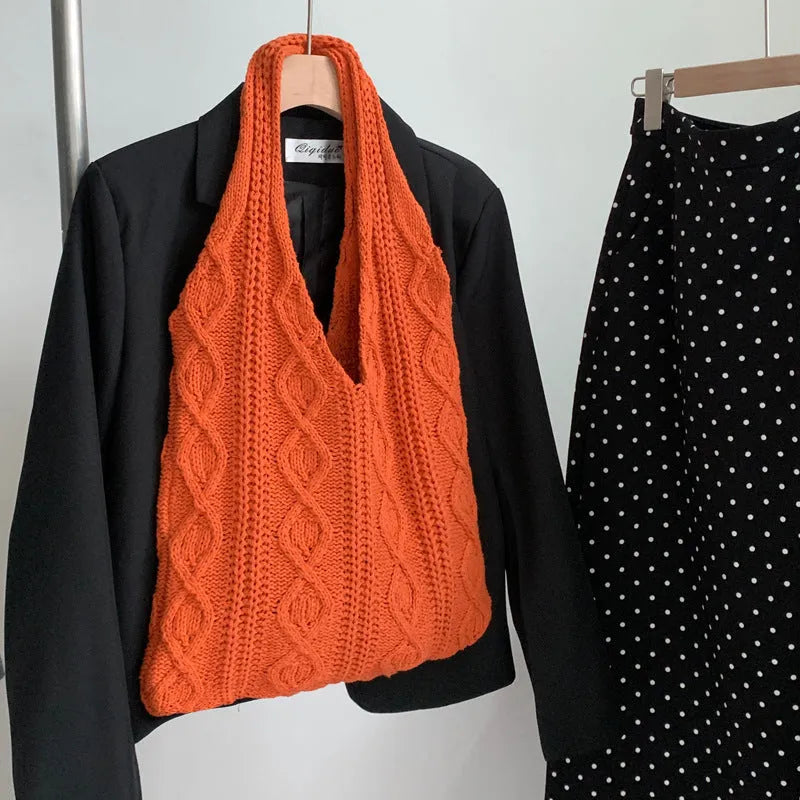 Retro hollow-knitted crochet shoulder tote bag in a solid colour with a double strap.