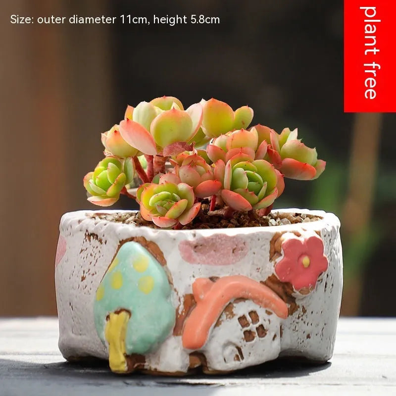 Hand-painted large ceramic succulent flower pot with pastoral design in colour A