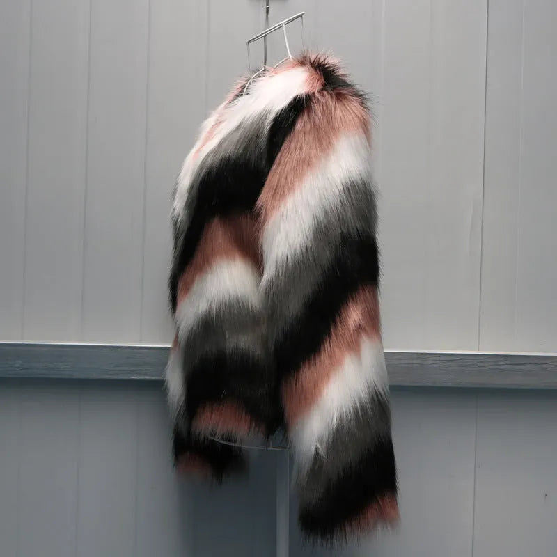 Korean style women's faux fur leather coat with O-neck design