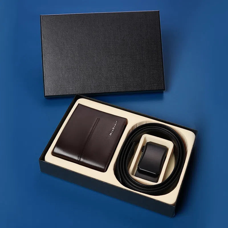 Men's genuine leather belt and wallet gift set with electroplated alloy automatic buckle in black black or black brown