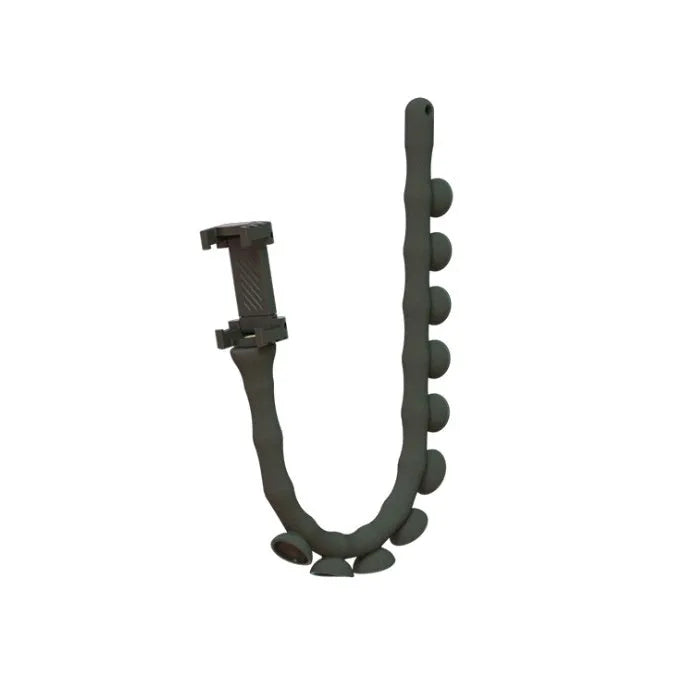 Black flexible rubber phone holder with suction cup base bent into an arc shape
