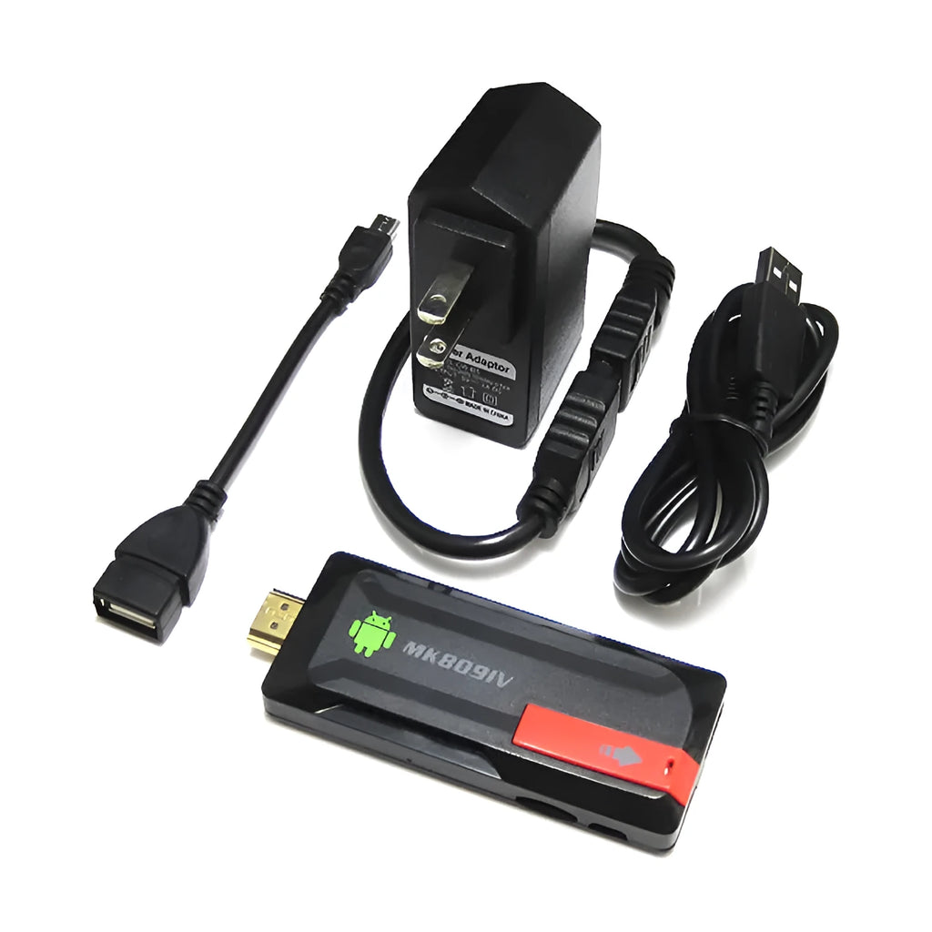 MK809 IV Android TV dongle black connected to TV via HDMI cable with remote control