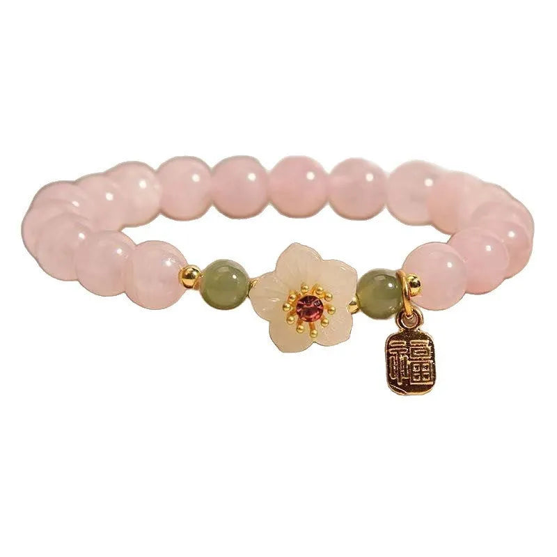 Crystal Hetian Jade beaded peach blossom bracelet with fruit-shaped beads and camellia elements in blessing card colour