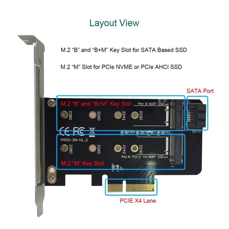Black M.2 SSD adapter card with two M.2 B Key and M Key slots on PCIe X4 board