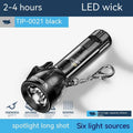 Black plastic USB rechargeable LED torch with built-in battery and charging cable