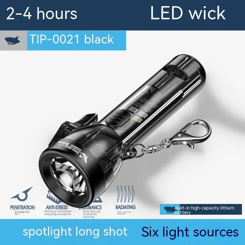 Black plastic USB rechargeable LED torch with built-in battery and charging cable