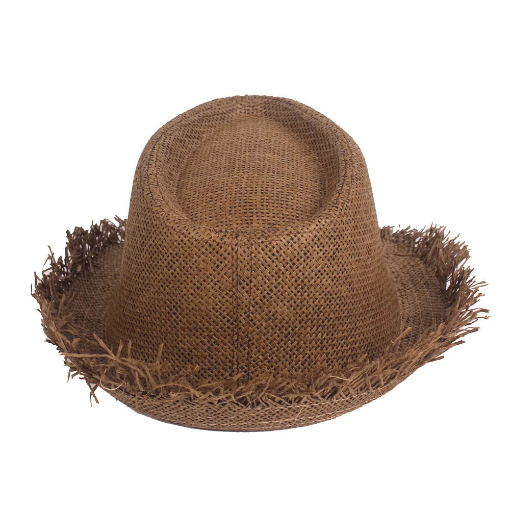 Men's straw top hat in cone shape with short brim, satin weave, free size 58cm, in khaki colour