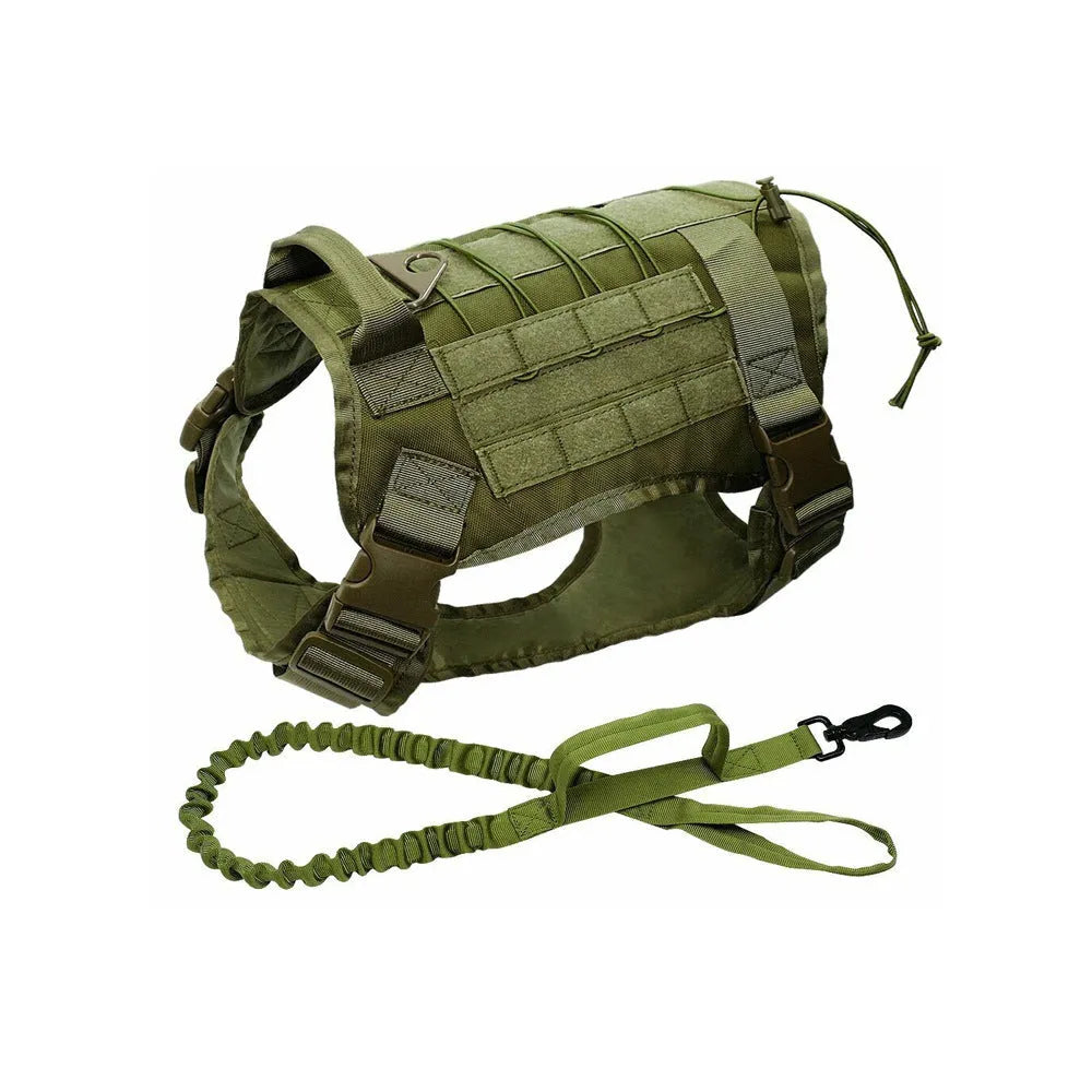 Tactical nylon dog vest with Molle webbing in khaki colour for large breeds