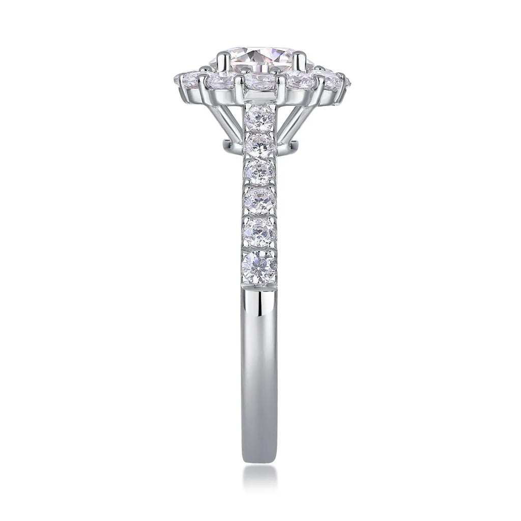 1-carat moissanite wedding ring set in S925 silver with platinum plating on white background