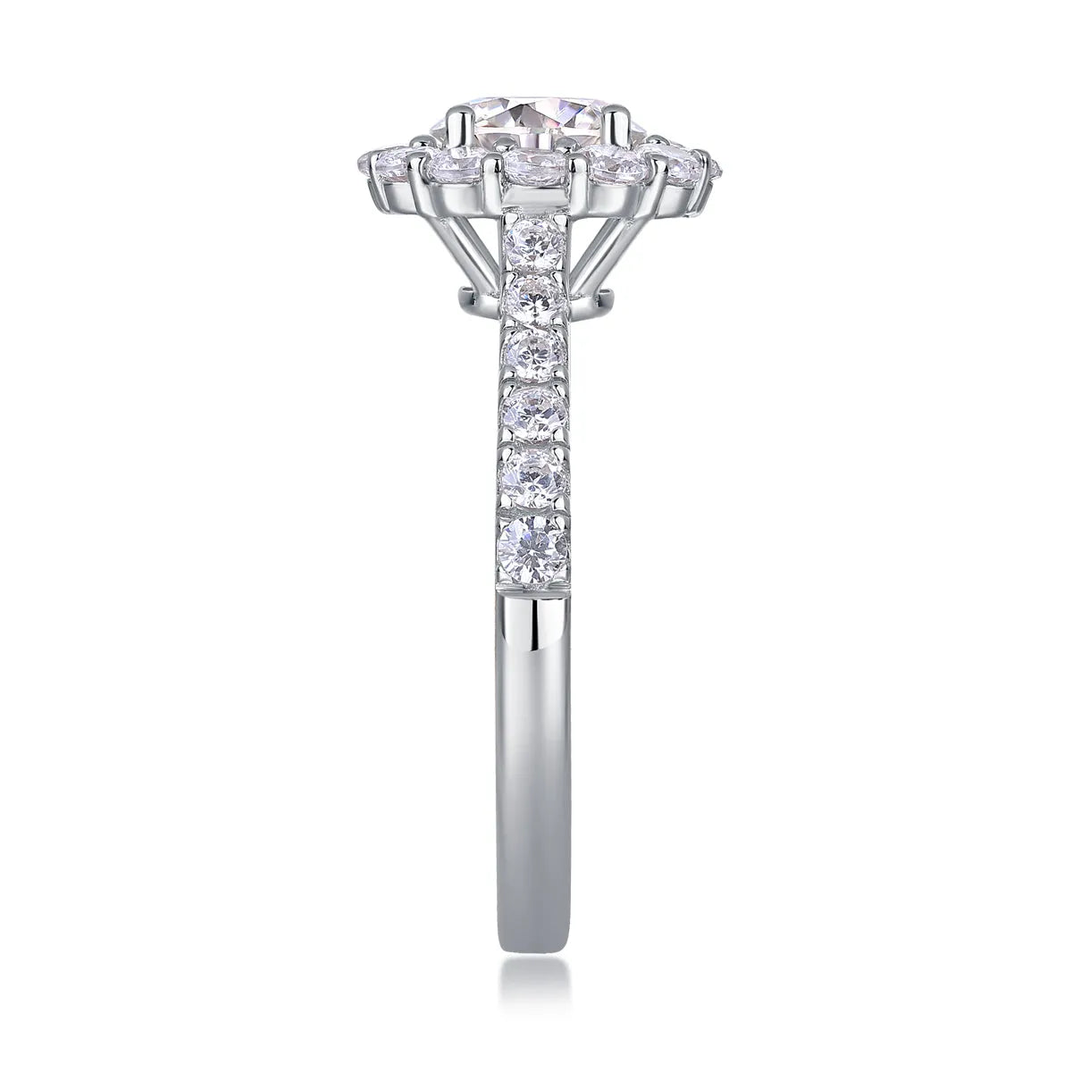 1-carat moissanite wedding ring set in S925 silver with platinum plating on white background
