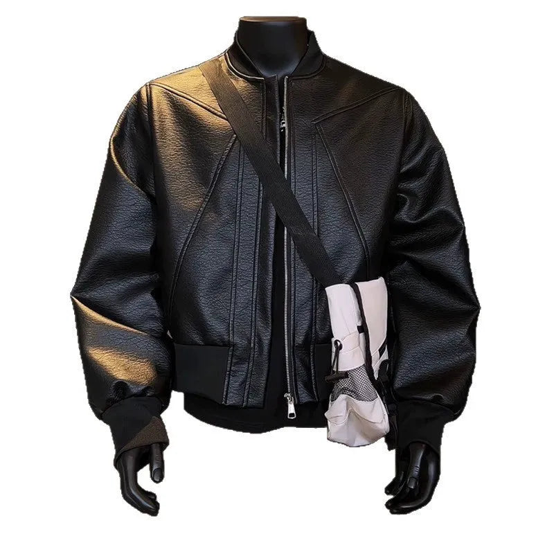 Men's extended length black PU leather jacket with litchi grain texture and light business style