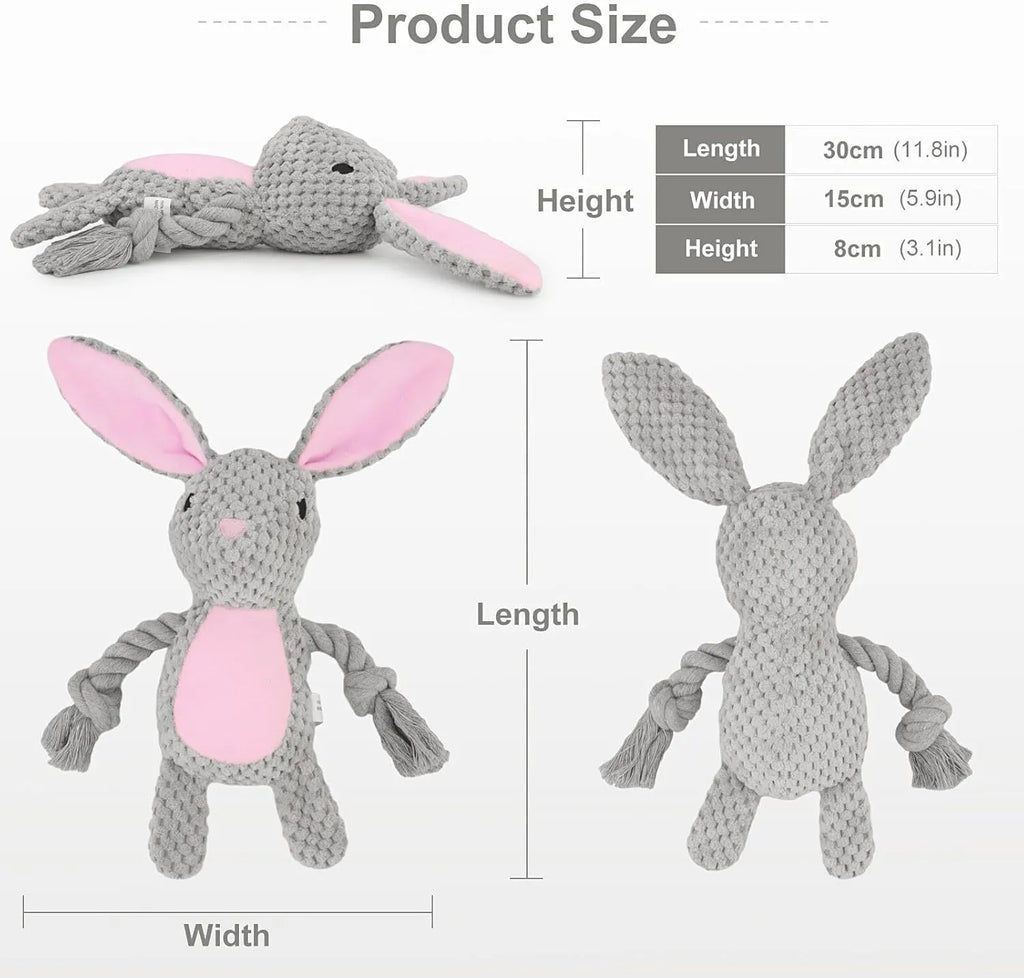 Soft plush dog toy with animal design, cotton rope tail, and internal squeaker and crinkle paper