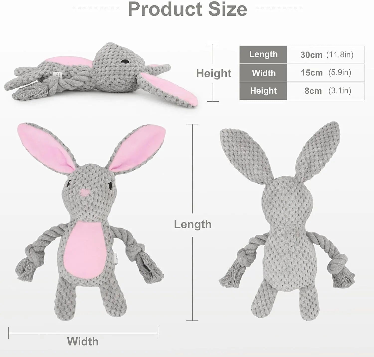 Soft plush dog toy with animal design, cotton rope tail, and internal squeaker and crinkle paper