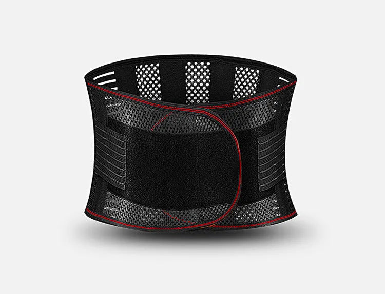 Black sports waist support belt with an internal steel plate for lumbar decompression, shown laid flat.