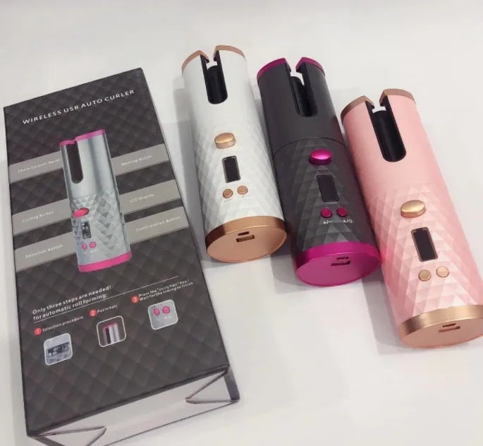 White portable mini curling iron with USB charging cable and gold ceramic barrel on a plain background.