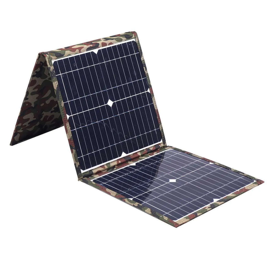 Black foldable portable solar panel unfolded showing three solar cell sections, with battery clips and car charger accessories