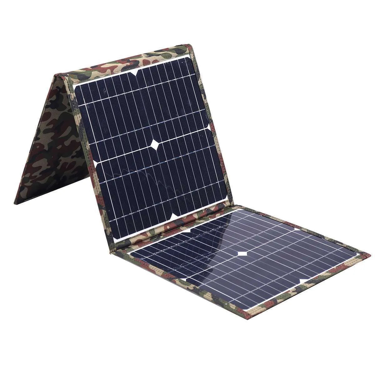 Black foldable portable solar panel unfolded showing three solar cell sections, with battery clips and car charger accessories