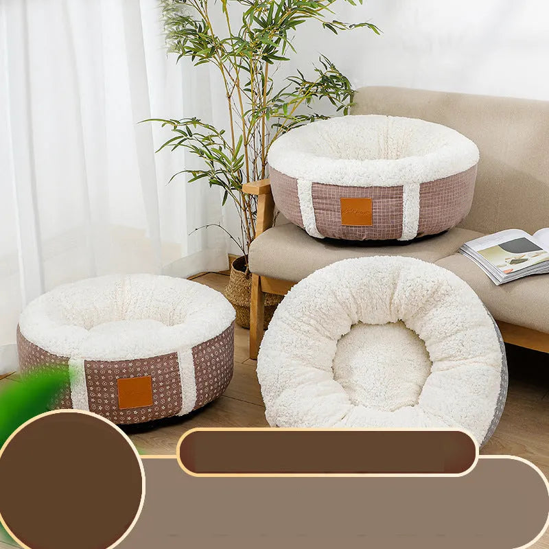 Winter super soft warm pet bed with lamb wool fabric and raised rim, available in 4 colours and sizes 40-80cm