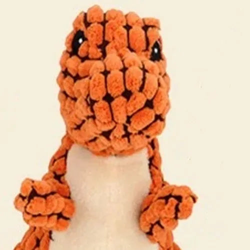 Grey, green, and orange dog chew toy with sound, measuring 35 cm long, for bite-resistant chewing.