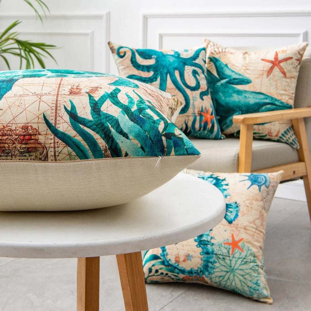 Sea turtle printed linen cushion cover 45x45cm with invisible zipper for sofa or chair