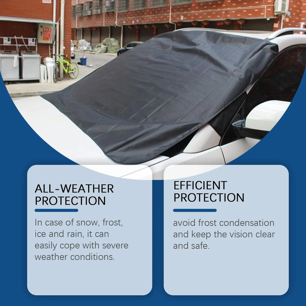 Black thickened snow-proof car cover on a car window for winter protection