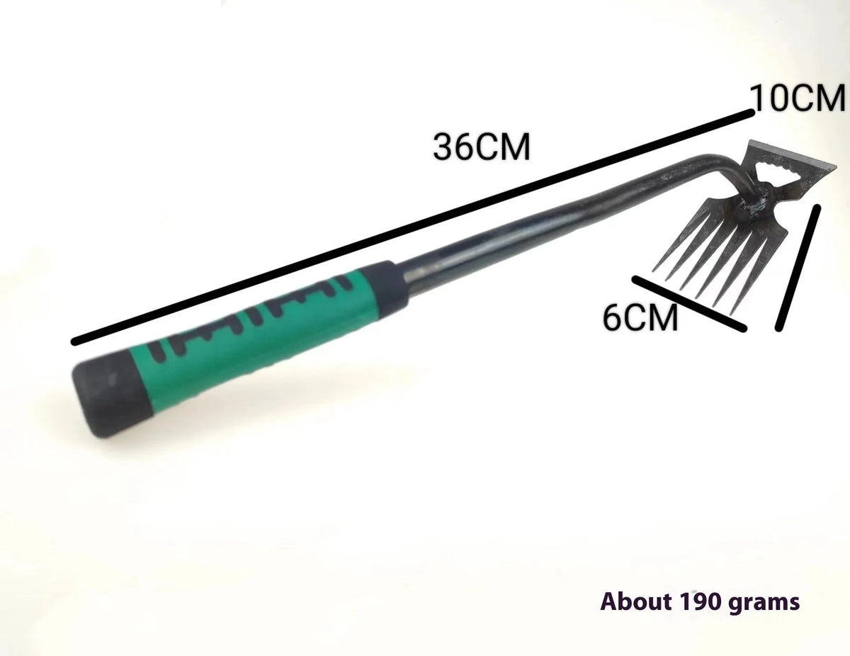 Carbon steel garden rake with green steel handle, available with 5 or 6 teeth and 3cm or 3.5cm pitch