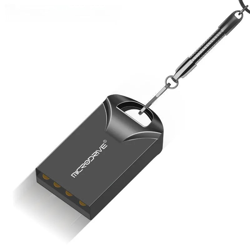 Compact black metal USB flash drive on a white background showing its slim 23mm length.