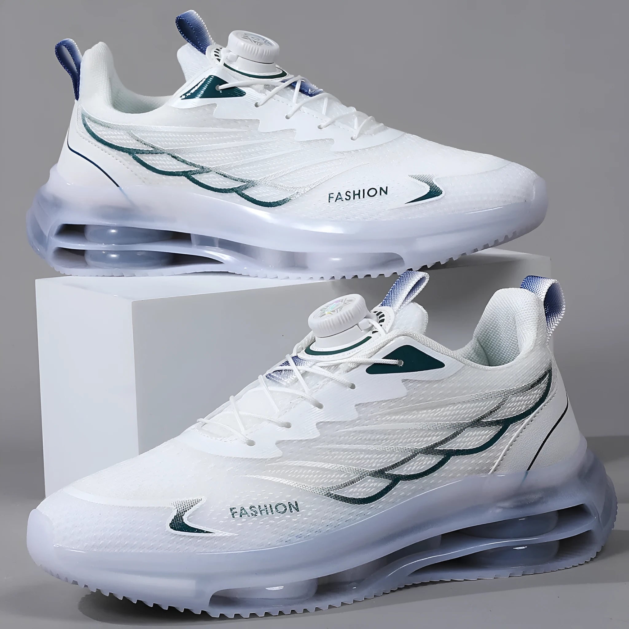 White youth casual shoes with rotating button closure, mesh upper, rubber sole, and lace-up design.