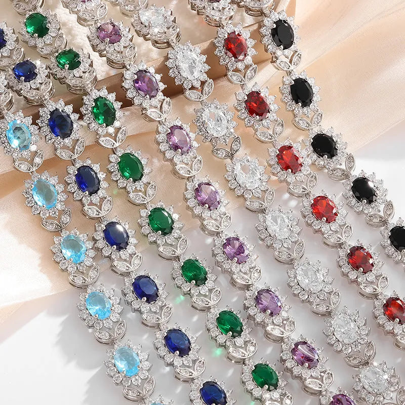 Simple women's alloy bracelet with a single row of inlaid zircon stones in a choice of nine gemstone colours.