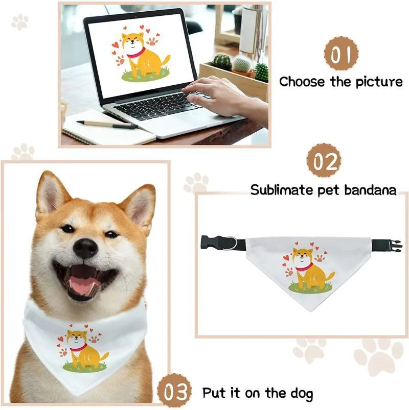 White blank polyester dog scarf showing four size options for thermal transfer personalisation