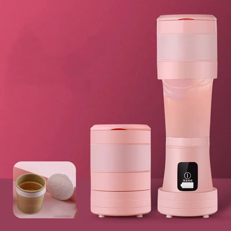 Blue portable blender with USB charging cable, shown folded and extended next to fruits.