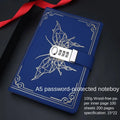 Retro PU leather password lock notebook in blue with A5 size on a desk