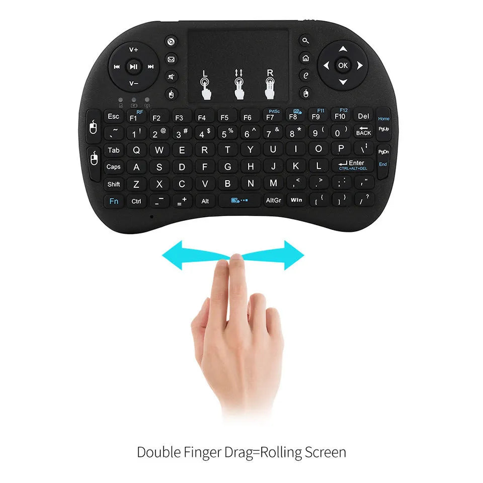 Black 2.4G wireless mini keyboard with touchpad, up to 92 QWERTY keys, dual mouse buttons, 14.6 x 97.5 x 19mm