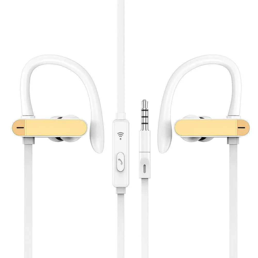 Close-up of sport earphones with flexible ear hooks and silicone earbuds in black and blue colour
