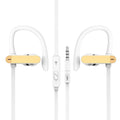 Close-up of sport earphones with flexible ear hooks and silicone earbuds in black and blue colour